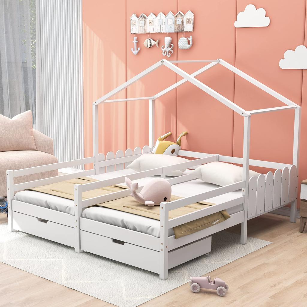 Flieks Children's Bed House Bed 90x200 Cm with 2 Drawers Double Bed, Versatile Wooden Treehouse Bed for Girls & Boys