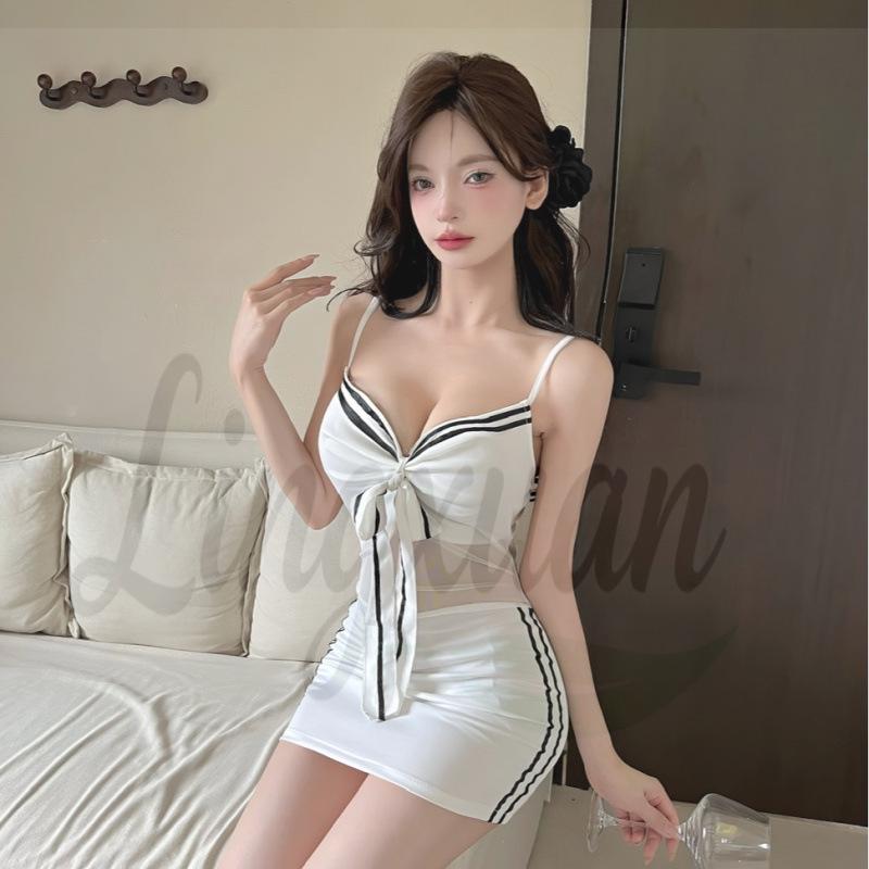 French Retro Bow Backless A-Line Mini Dress - Striped Low-Cut Color-Block Halter Small белый