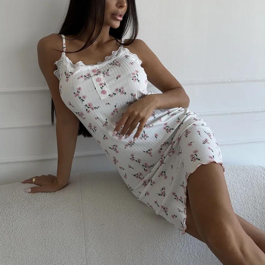 Sexy Slim Floral Printing Lace Women Trim Underwear Lotus Leaf Edge Camisole Nightdress Mini Sleepwear Summer Nightgown Homewear S
