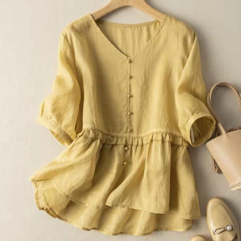 Women V Neck Single Row Button Ruffle Spliced Puff Short Sleeve Linen Blouse M жёлтый