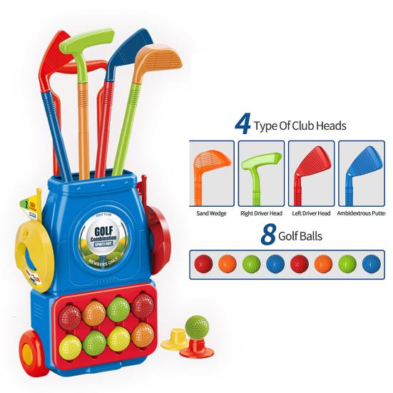 Golfschläger-Set für Kinder mit Deichselwagen, Kunststoff-Golfset für Jungen und Mädchen, Sportspielzeug für drinnen und draußen, mit 4 Schlägern, 8 Bällen, 2 Löchern