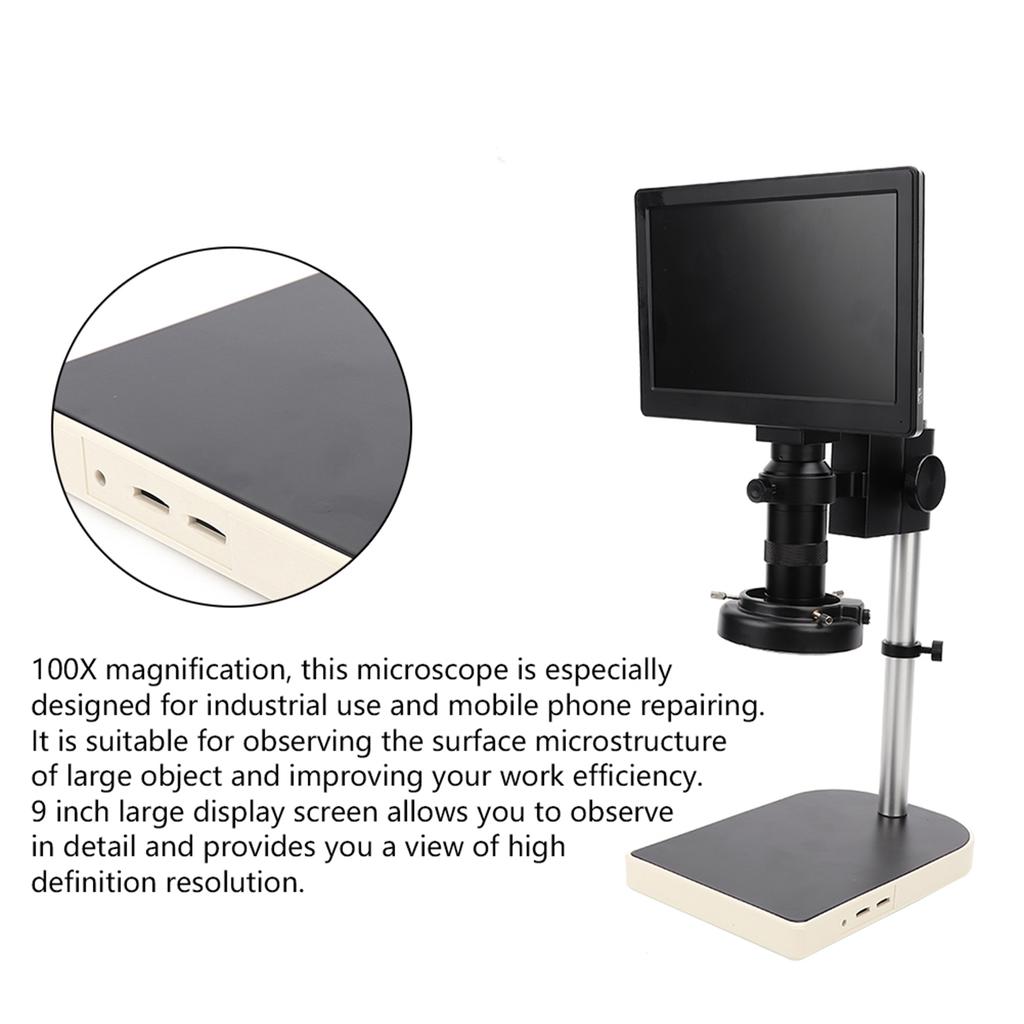 9 Inch Display 100X 2MP Industrial Digital Microscope Set with Bracket
