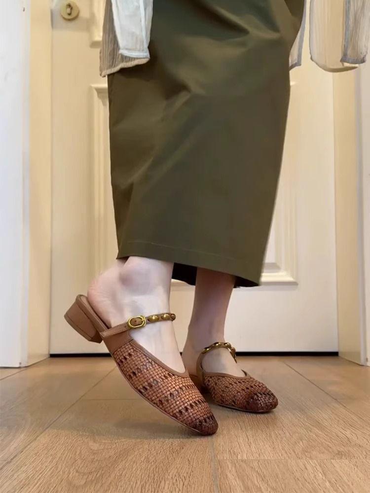 Beige Brown Genuine Leather Chunky Heel Closed-Toe Slip-On Mules