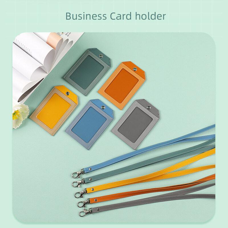 2 Card Slot Employee Work ID Card Set Hanging Rope PU Leather Bus Meal Card Chest Badge