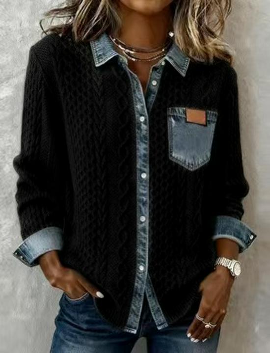 European Style Knit Patchwork Denim Shirt - Women's Autumn/Winter Long Sleeve Cardigan