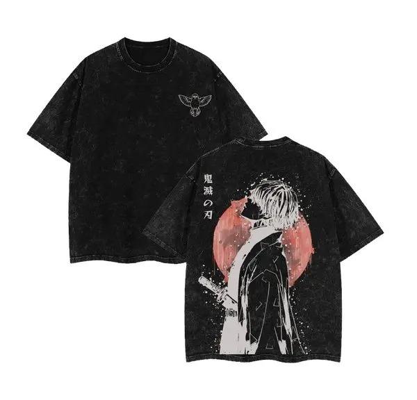 

Demon Slayer Tanjiro Kamado Destroy Kanji Vintage Washed Dual Print Anime Streetwear Women And Men T-Shirt L