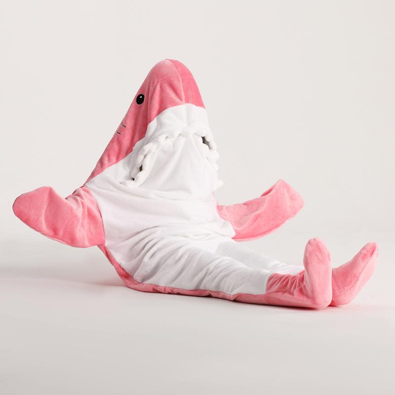 Warm Flannel Blanket Pajamas Home Suit Cartoon Shark Pajamas Unisex Play Suit Kids Parents Hooded Funny Home Wear for Slumber Party