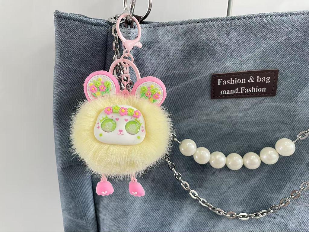 Fluffy Pompon Doll Keychain – Cute Backpack Pendant for Girls