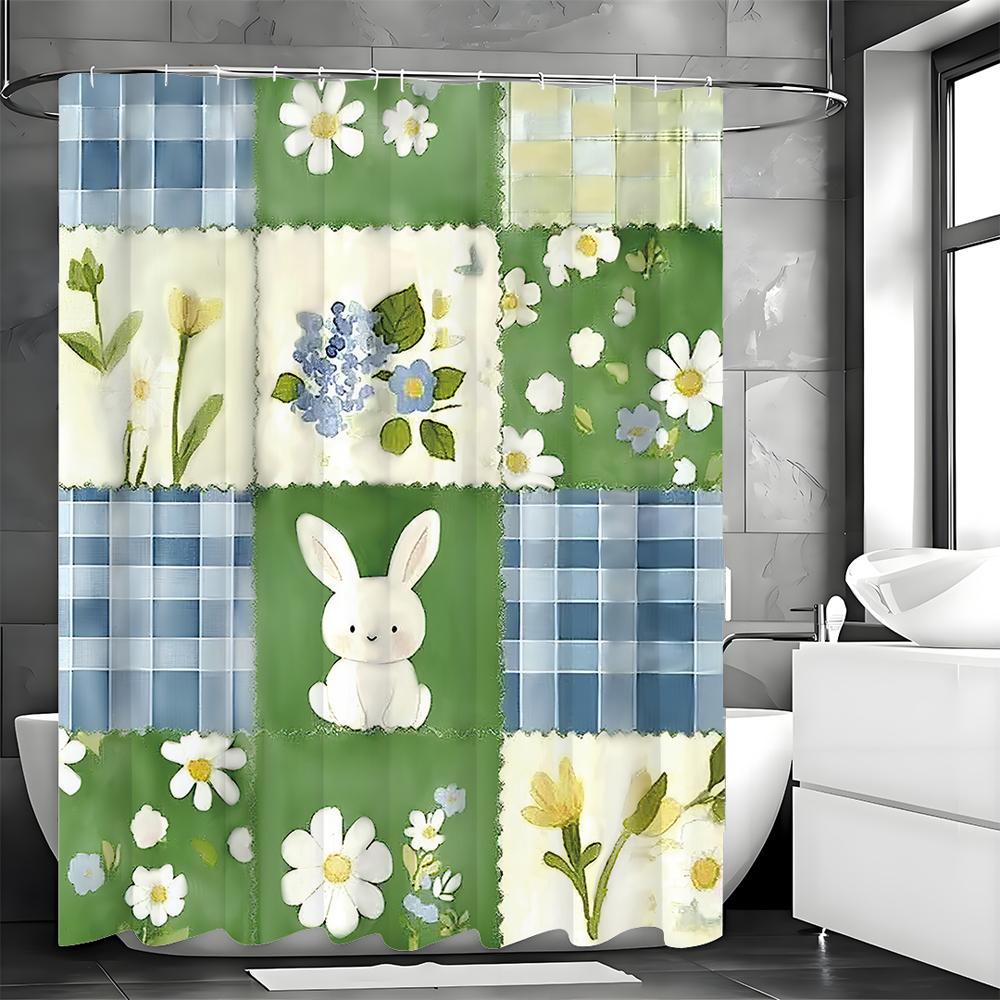 Easter Cute Bunny Shower Curtain, Cute Floral Grommet Bathroom Decorative Shower Curtain, Waterproof Shower Curtain with Hooks