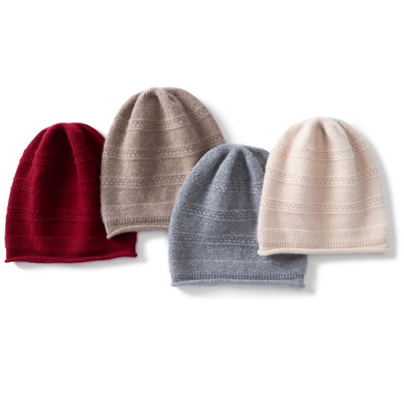 Women's 100% Pure Cashmere Rolled Brim Knitted Hat – New Fashion, Solid Color, Ear Protection, Warm Head Wrap.