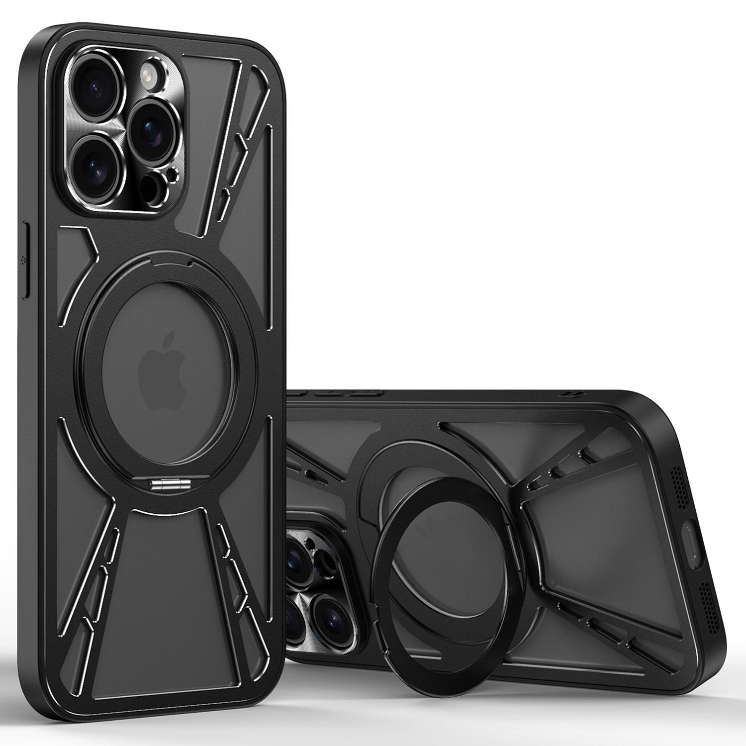 

Чехол для iPhone 15 Pro Магнитная подставка Полая теплоотводящая Силикон+ПК+Металлический бампер Чехол для телефона Black