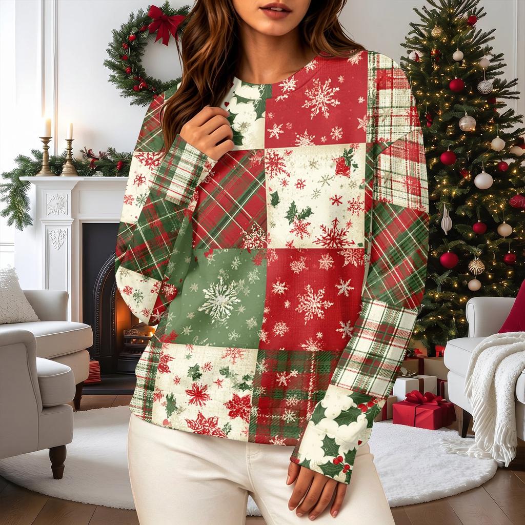 Women's Casual Long Sleeve Christmas Print Neck Pullover Sweatshirt Top