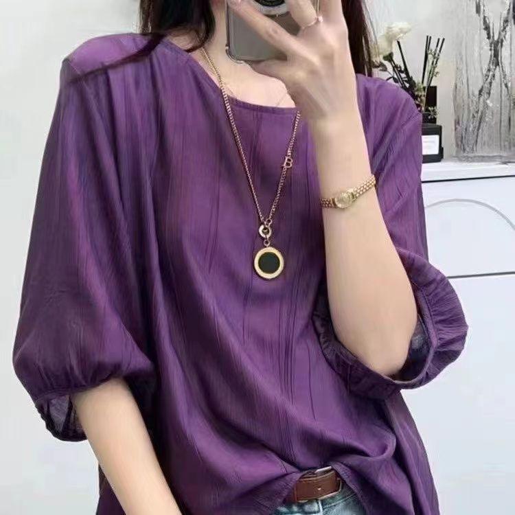 2024 Damen Tencel Baumwolle Leinen Mittellangärmelige Lockere Freizeitbluse mit Schlankmachender Bauchkontrolle für Mittelalte und Ältere