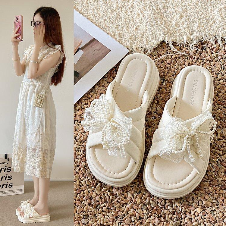 Fashion Butterfly-Knot Beach Shoes Slippers Casual Low Slipers Women Slides Lace Sabot Luxury 2025 Soft Summer Rome Butterfly-knot Rubbe