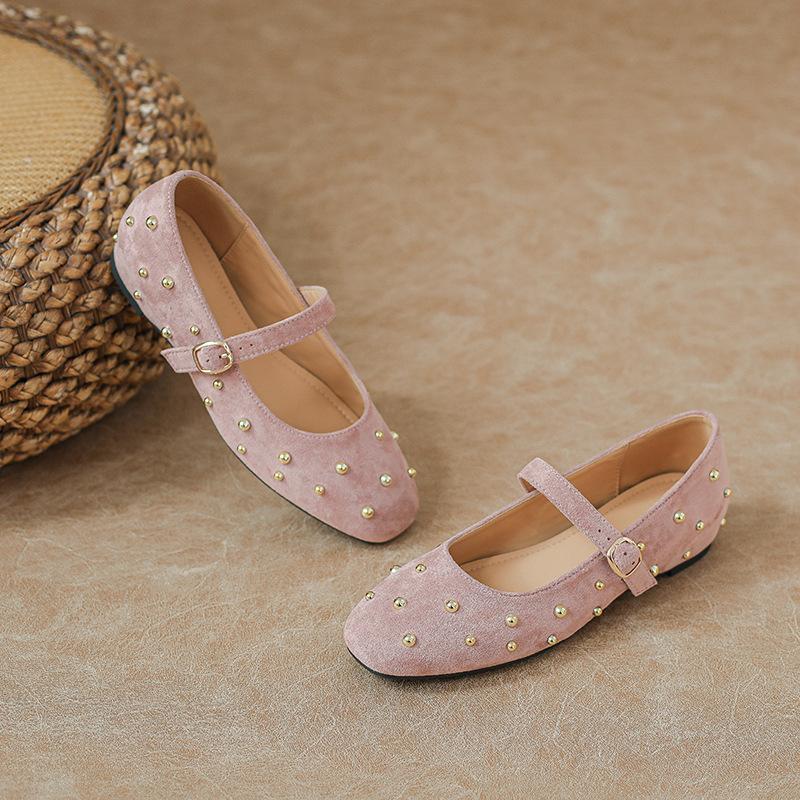 Suede rivets inner height increase single shoes women's spring and autumn 2025 new Chinese style national style with horse skirt one-word buckle singl