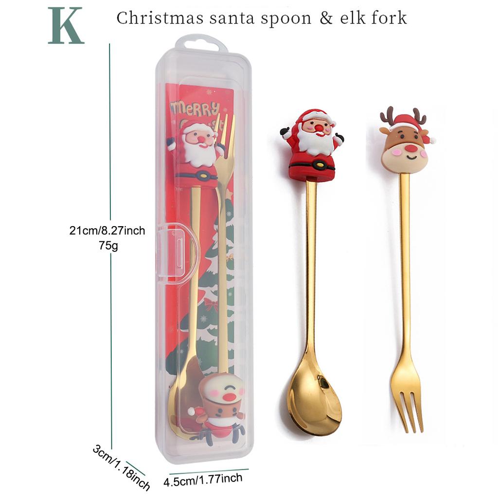 2Pcs Christmas Theme Dinnerware Set with Storage Box Snowman Christmas Tree Fork Spoon Cutlery Set Stainless Steel Tableware
