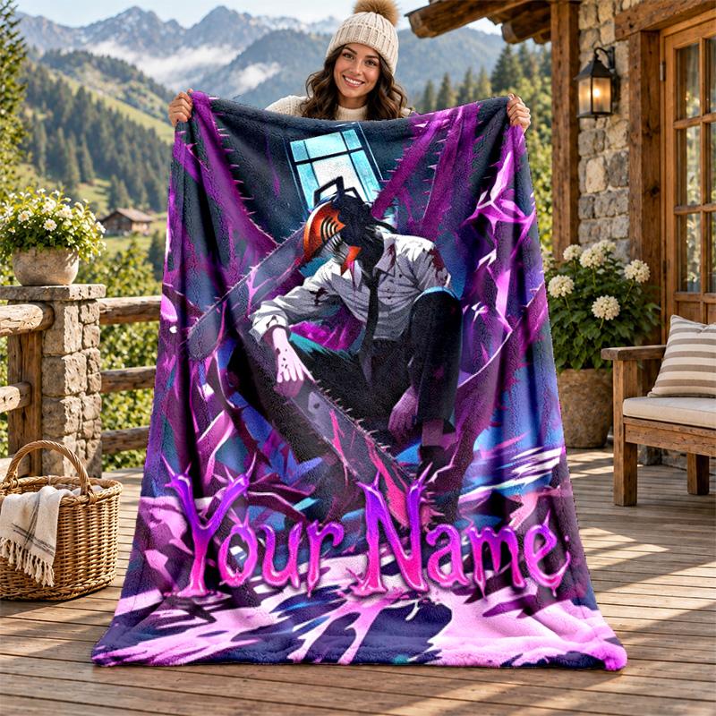 Chainsaw Man Custom Name Flannel Blanket Personalized Soft Warm Plush Throw Blanket Customized Gift for Family Friends