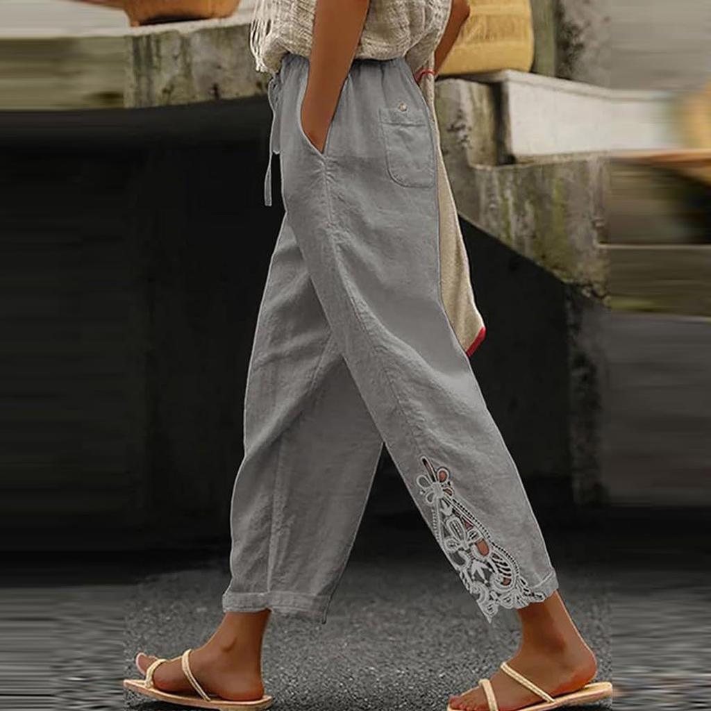Dame Casual Ensfarget Blonder Spleising Design Høy Midje Snøring Lomme Ni Minutters Bukser