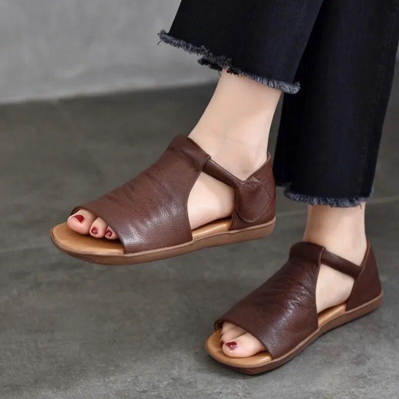 Johnature Peep Toe Flat Sandals Retro Genuine Leather Comfortable Soft Sole Versatile Women's Shoes