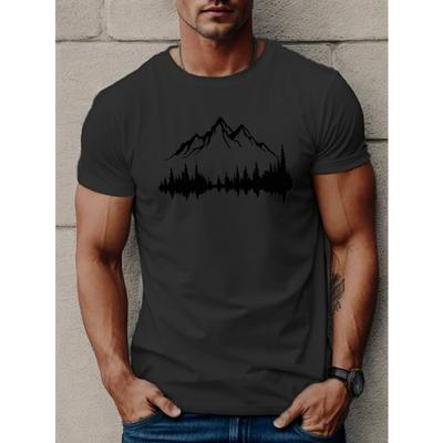 Sommer Herren 100% Baumwolle Lässig Locker Übergröße Berge und Bäume Aufdruck Sport Bequem Rundhalsausschnitt Kurzarm T-Shirt