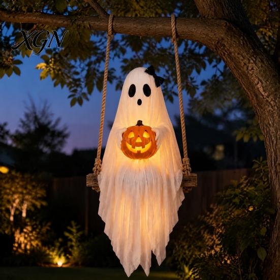 Halloween Party Supplies Lighted Ghost Swing with Glowing Pumpkin, Hanging Spooky Decor Realistic Scary Home Accents for Porch Yard, LED Floating