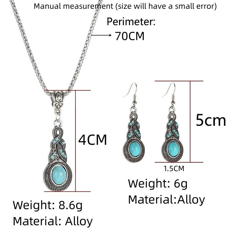 3-teiliges Halsketten-Ohrring-Set für Männer und Frauen im Vintage-Stil, eingelegter blauer Kristall, türkisfarbener Anhänger mit Laternenkette, Schmuck