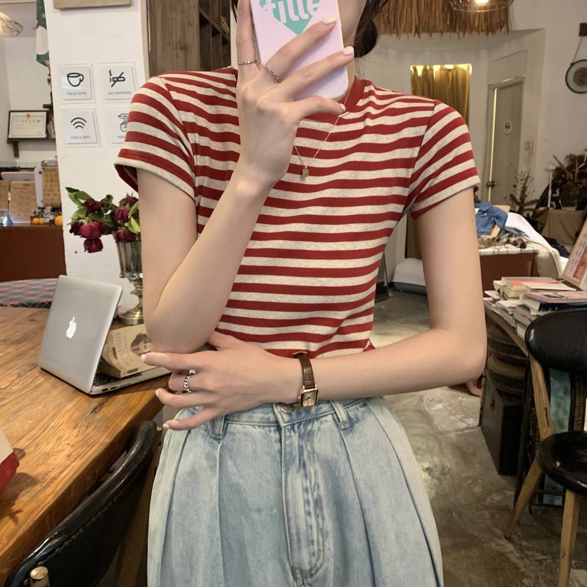

Striped bottoming shirt summer new design short-sleeved T-shirt women s American retro student slim top XXL червоний