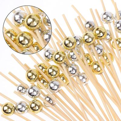 100Pcs Gold Beads Bamboo Fruit Sticks 12cm Fruit Salad Snack Fork Cocktail Decor Cake Buffet Toothpicks Wedding Party Supplies