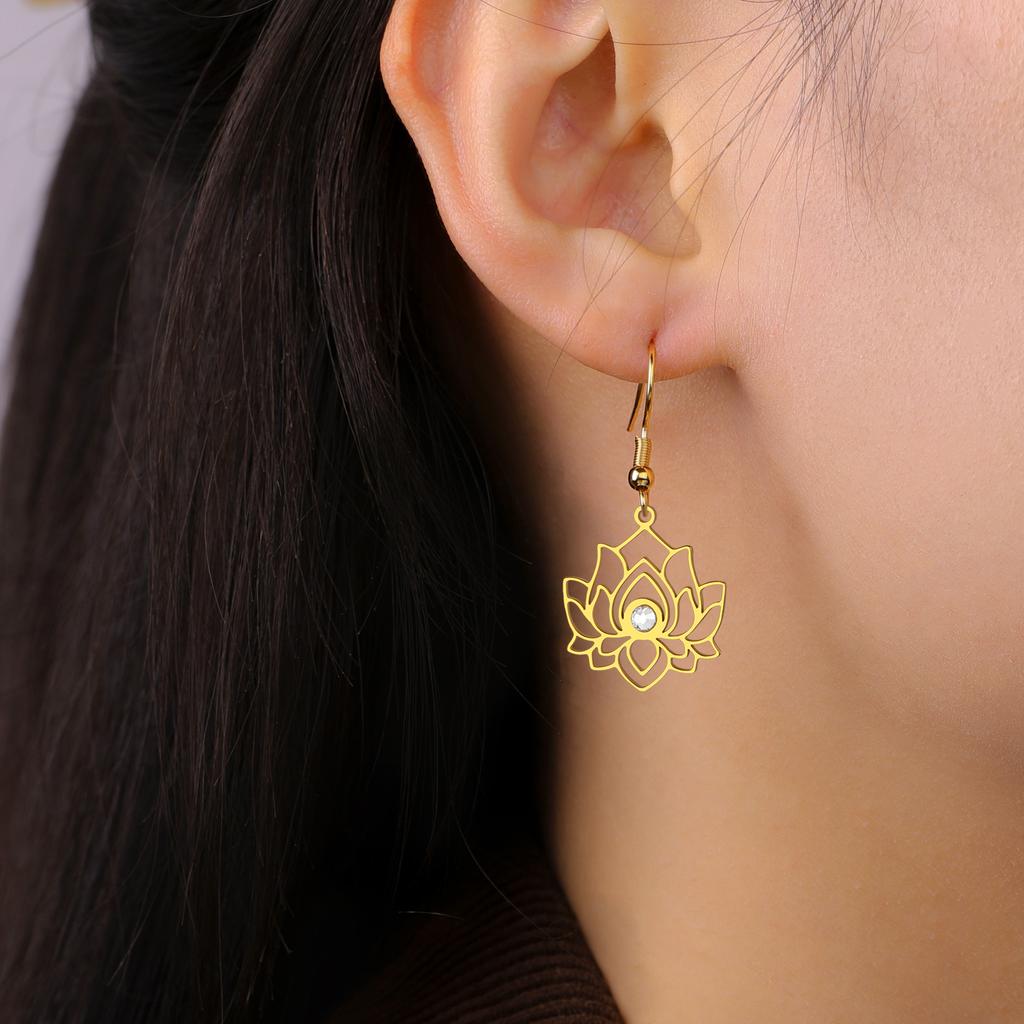 Teamer Buddhist Lotus Flower Women's Earrings Stainless Steel with Clear Zircon Dangle Earrings Yoga Amulet Vintage Jewelry