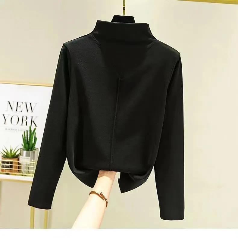 Autumn Winter Women's Velvet Half-High Collar Slim Long-Sleeve Thick Heat Storage Top