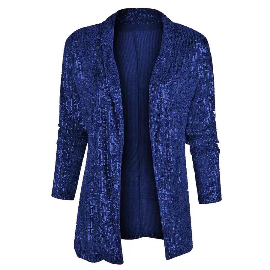 Frühling/Herbst Mode Trendig Elegant Einfarbig Slim Fit Lässig Glänzend Pailletten Blazer Jacke für Damen L blau