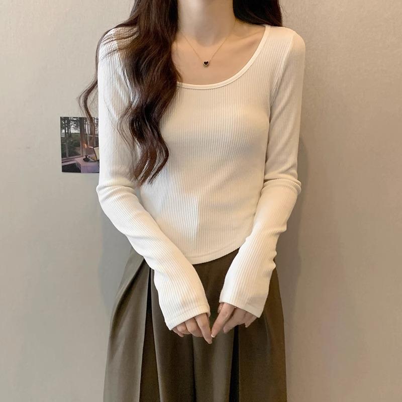 Retro U-hals langermet T-skjorte for kvinner, høst Maillard-bekledning, buet fald, slim-fit kort ensfarget undertrøye topp