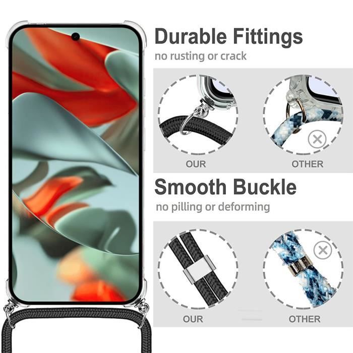 Hülle mit Kordel für Google Pixel 9 Pro, Stoßfest, Verstärkte Ecken, Flexibel mit Rosa Kordel