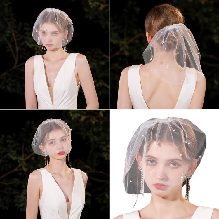 Pearls Bridal Veil Studded Stylish Graceful Head Cover Wedding Hair Accessory White Net Veil Wedding Photo Props