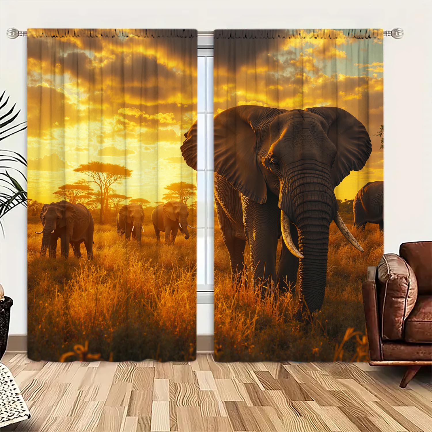 

Panels African Kenyan Elephant Decorative Curtains Semi Transparent Without Lining Durable Polyester Fiber Curtain Made Of W100*H70(CM)-Hooks&1PCS