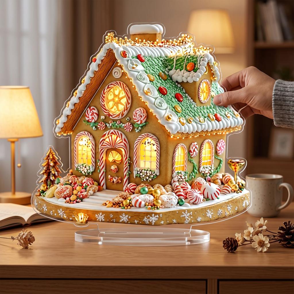 Snow House and Christmas Tree Acrylic Desk Ornament, Flat Christmas Tabletop Decoration for Living Room Bedroom