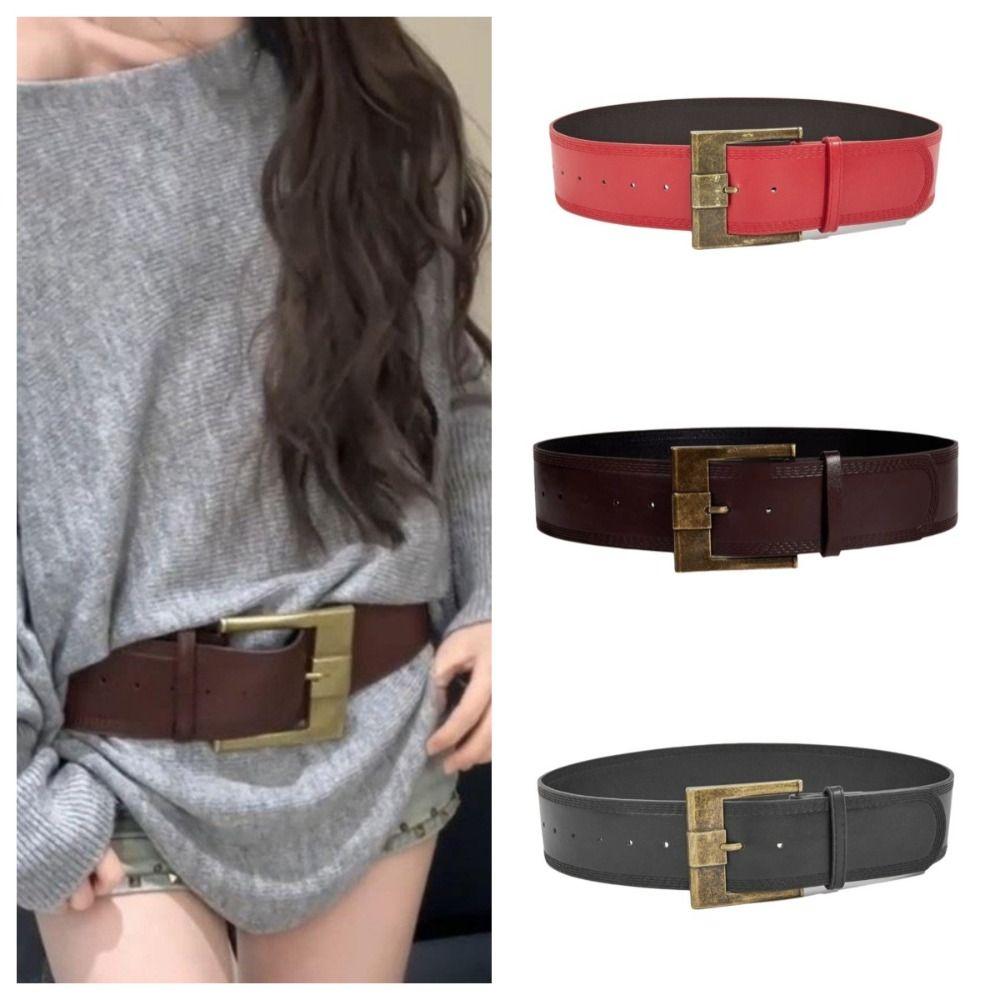 Y2K Metal Buckle Wide Belt Solid Color PU Leather Waistbands Retro Wide Waist Belt  Woman