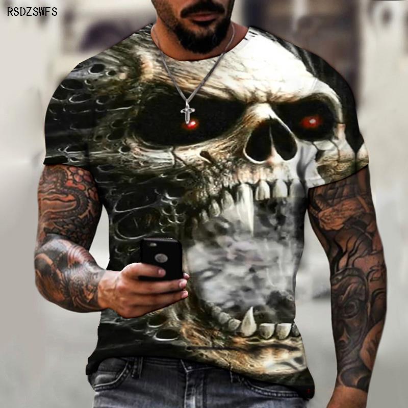 T-shirt z nadrukiem czaszki 3D z postacią horroru Męski, luźny, oversize z krótkimi rękawami Streetwear Hip-hop 3D Top z nadrukiem