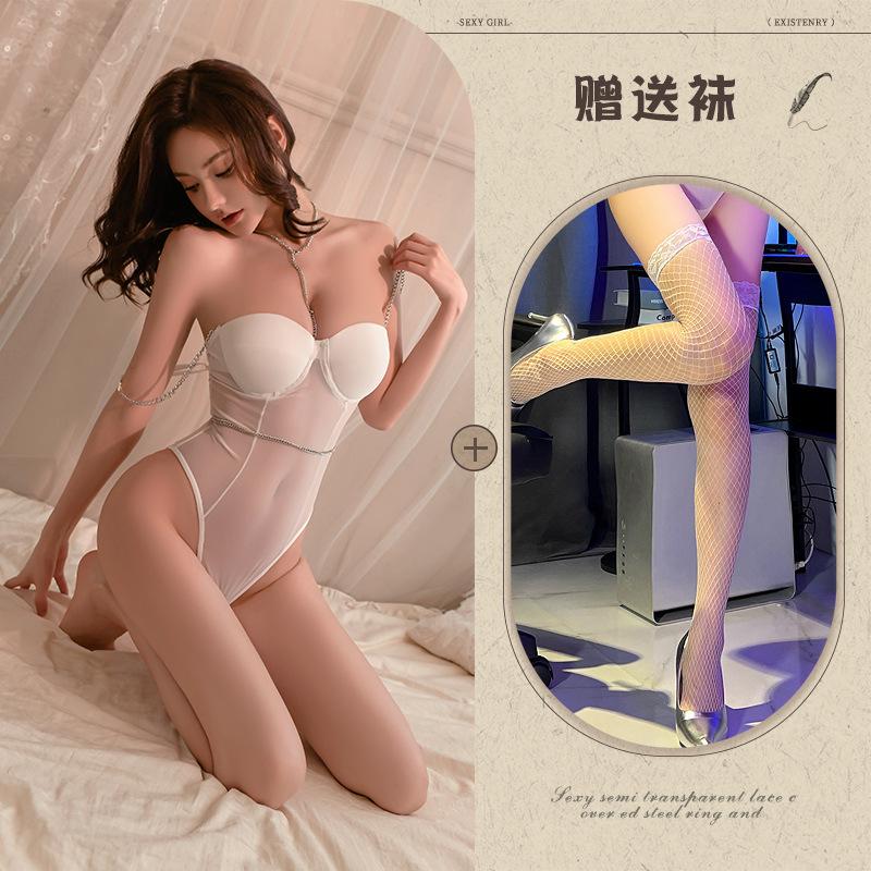 Fishbone waist chain suspender onesie sexy mesh splicing waist tight