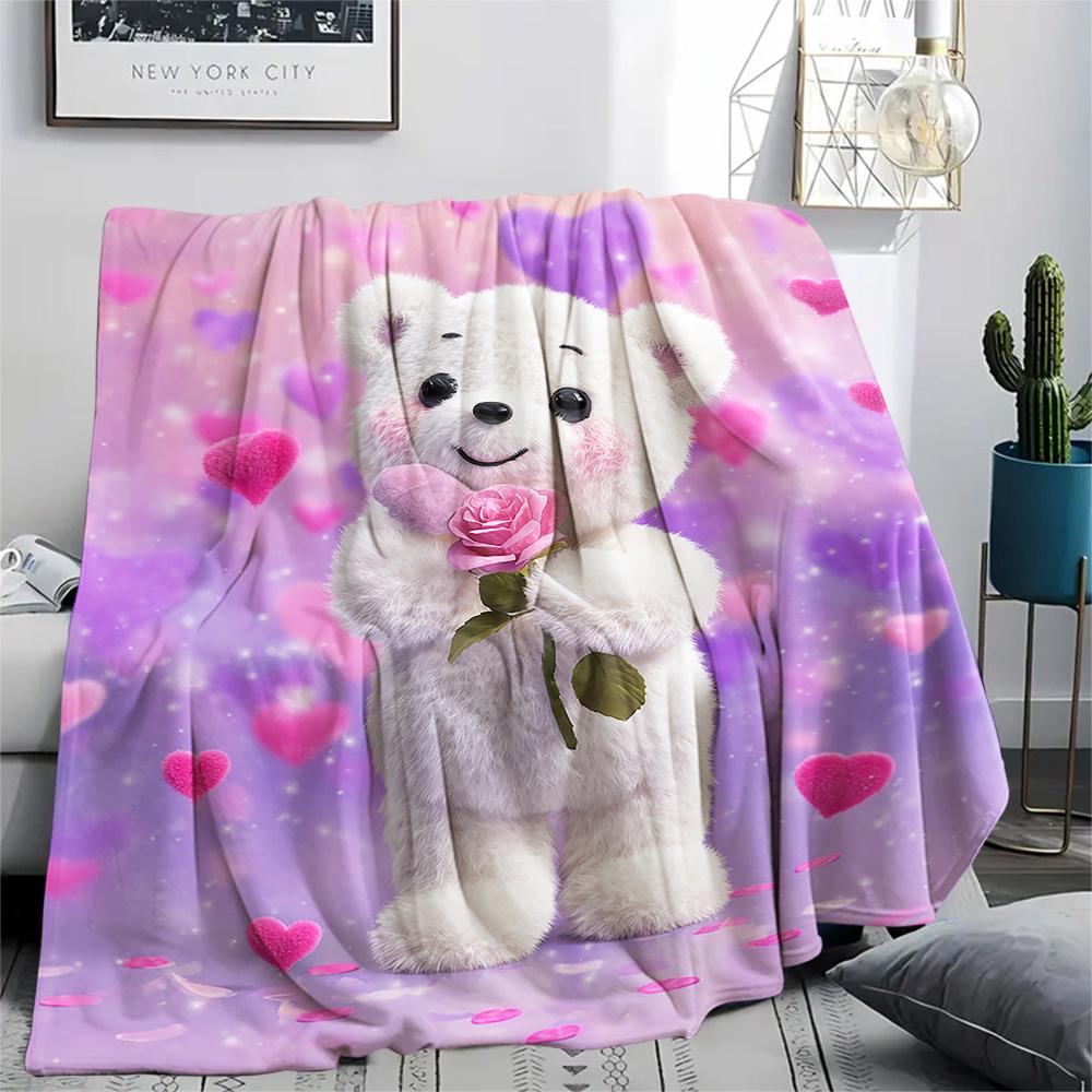 Bear Doll Print Flannel Blanket, High quality Comfortable for All Seasons, Home Decor, Warmth and Comfort, Perfect for Christmas Gifts