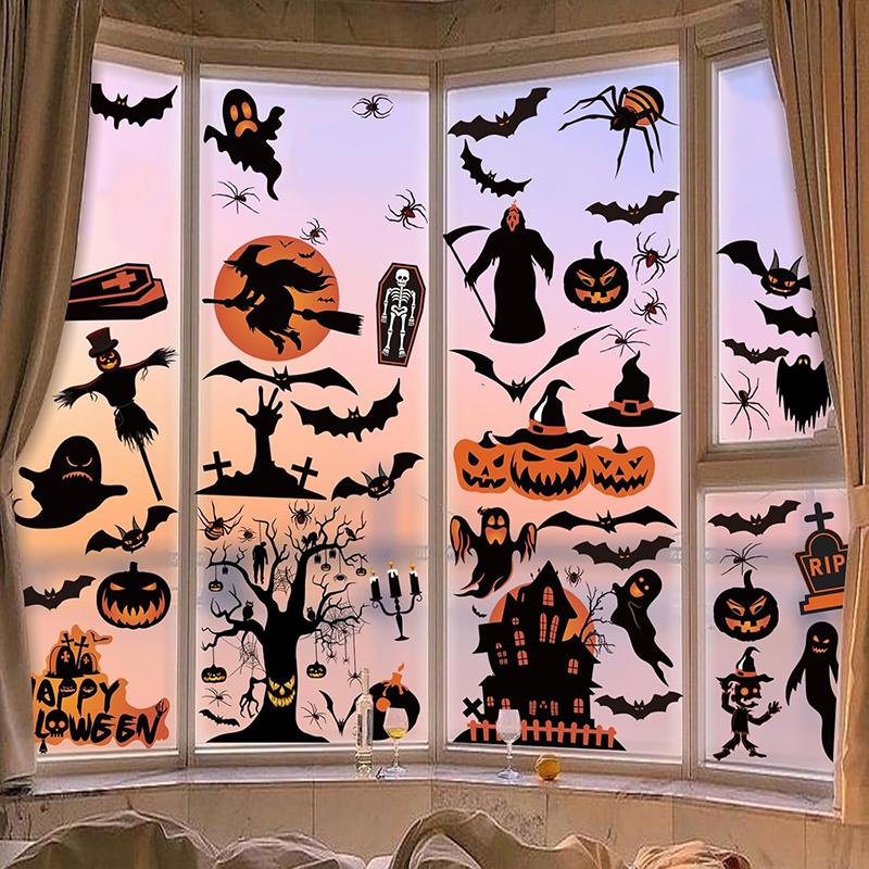 4pcs/set Halloween Pumpkin Spider Bat Window Clings Double-Sided Reusable Decorations for Indoor Parties School & Shop Displays