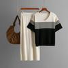 Western Style New Knitted Stripes Top Skirt Two-piece Set Knitted Top and Skirt Set