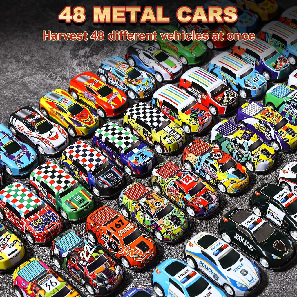 AIUAZA Kids Mini Alloy Pull-Back Race Car Set 48 Die-Cast Cars with Garage Track Ages 3-8