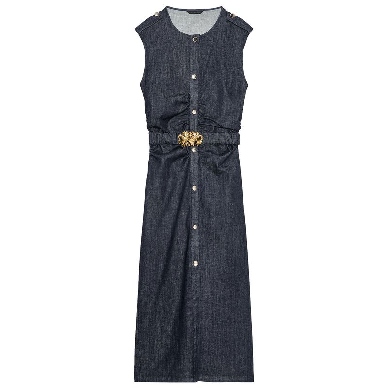 Zaprha 2025 New Arrival Retro Casual with Belt Ruched Denim Midi Skirt Dress Waist 3394576