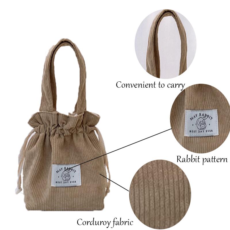 Vintage Damen-Kord-Handtasche Lässige Zugbeuteltasche Unifarbene Geldbörse Aufbewahrungstasche Kosmetiktasche