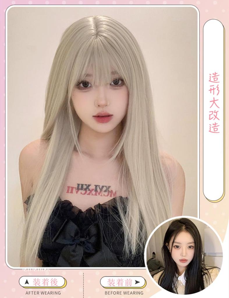 Sizuuenn Long Hair Lady Long Straight Bangs Blonde Platinum Off Gold Wig Small Face Natural Heat Resistant Wig High Temperature Hair Thread Cosplay