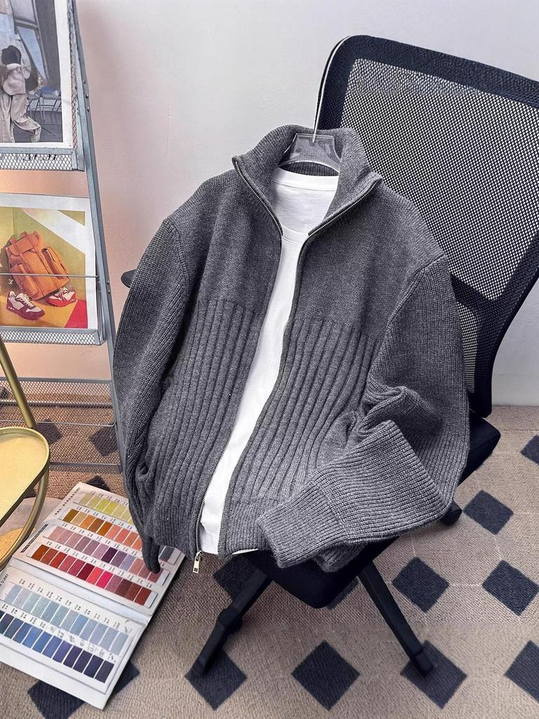 Men's Thick Knit Zipper Sweater - Solid Color, Half-High Collar, Autumn/Winter Pullover, Loose Fit Floral Thread Design