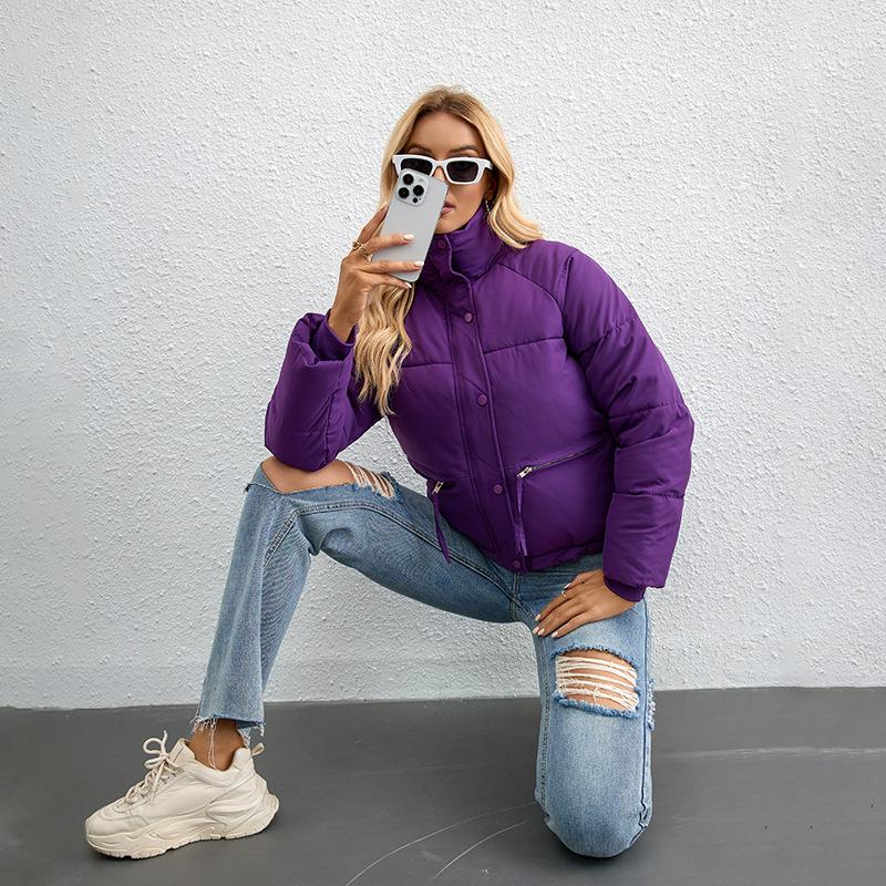 Womens Cropped Puffer Jacket Full Zip Quilted Jackets Warm Winter Coat Outerwear With Pockets