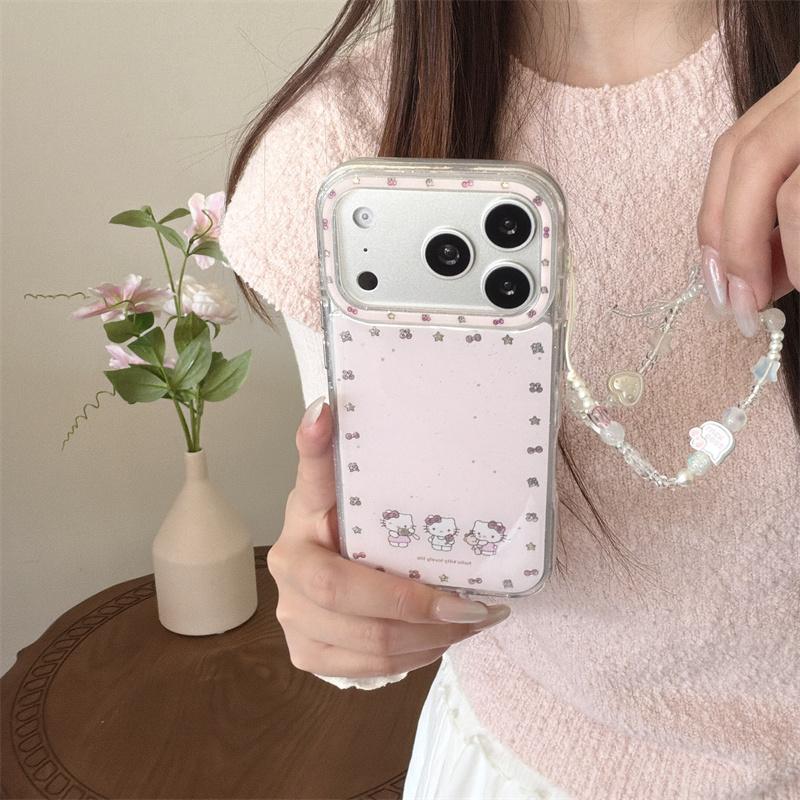 Kawaii Hello Kitty Pink Glitter Phone Case For iPhone 15 16 17 Pro Max Bow Star Pattern Clear Soft TPU Shockproof Cover with Cha