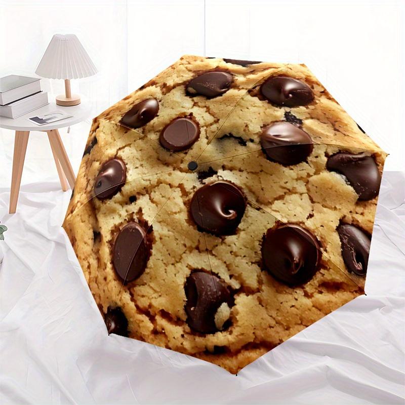 1pc Cookie Chocolate Auto Open/Close Cute Umbrella with One-Touch Button, Compact Folding Canopy, Sturdy 8-Rib Windproof Design -099